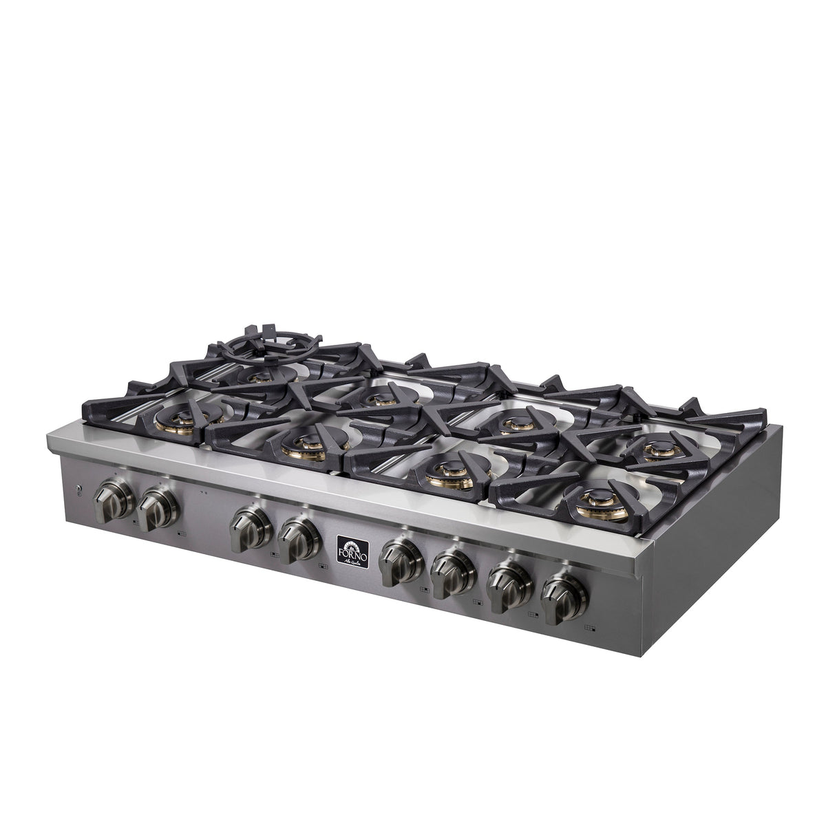 Stainless steel gas rangetop with six burners on black grate and Forno center logo