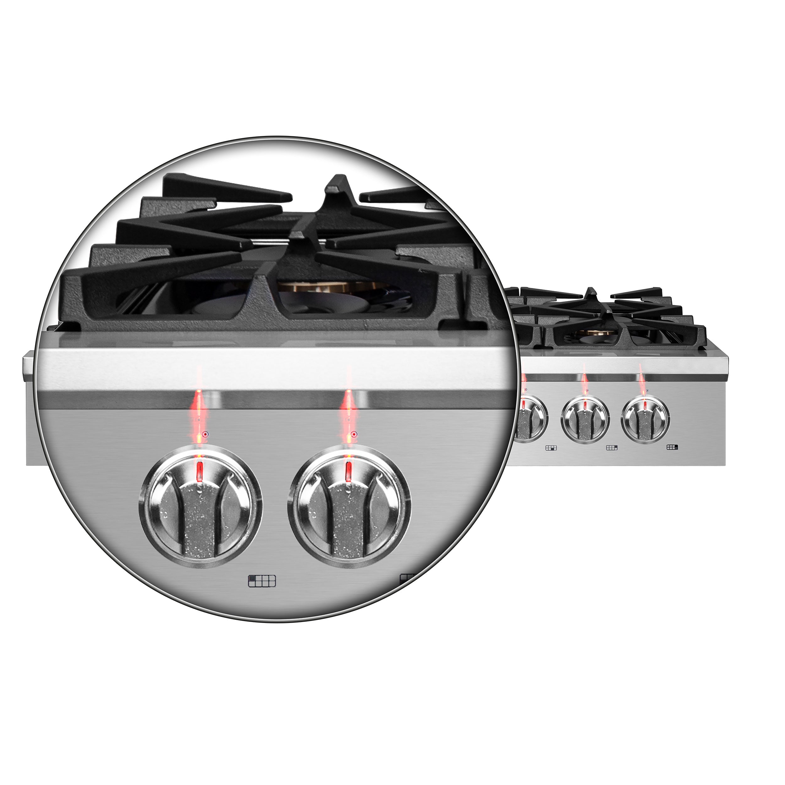 Stainless steel burner control panel with two large knobs and inset grate detail