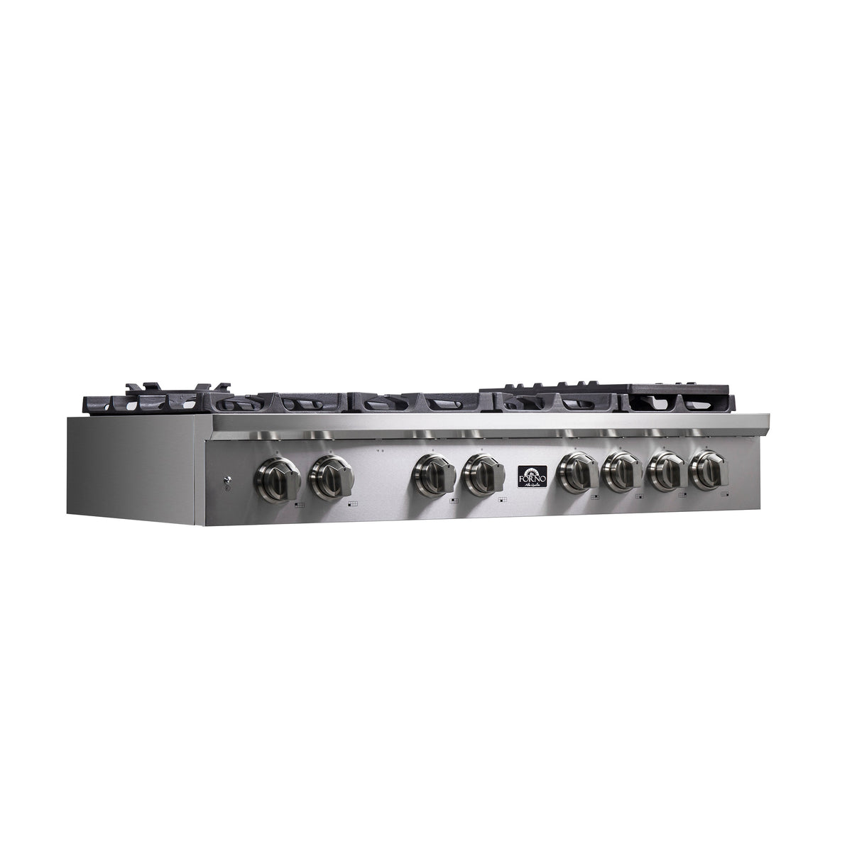 Stainless steel gas rangetop with six burner grates and control knobs