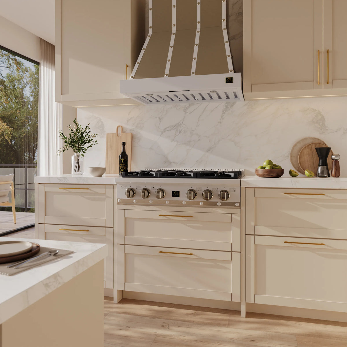 Forno Ambassador 36-Inch Gas Cooktop in White with 6 Sealed Burners, 71,000 BTU Output, 1 Antique Brass Dual-Ring Burner, Continuous Cast Iron Grates shown in a styled kitchen