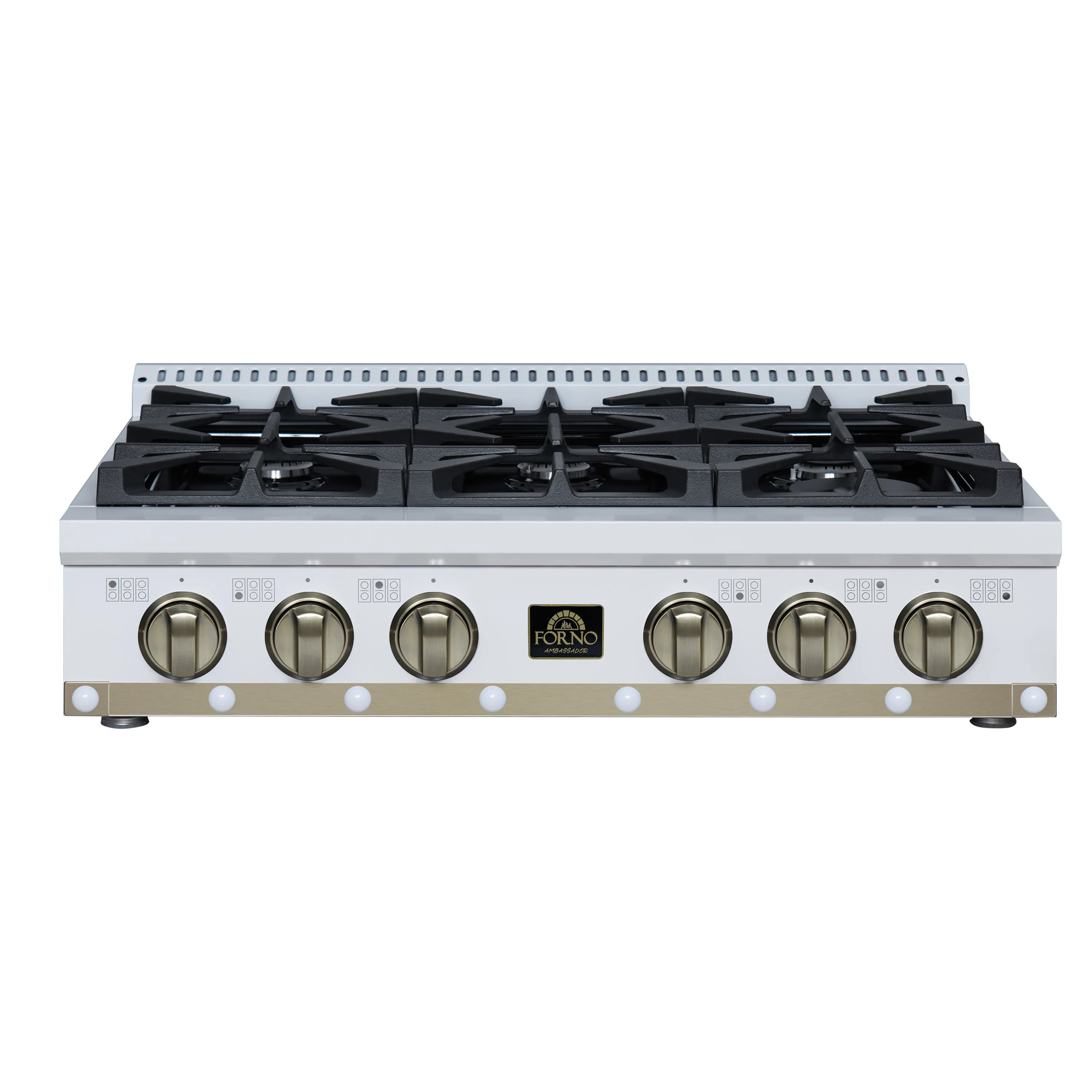 White gas cooktop with 6 burner grates and brass control knobs, front view