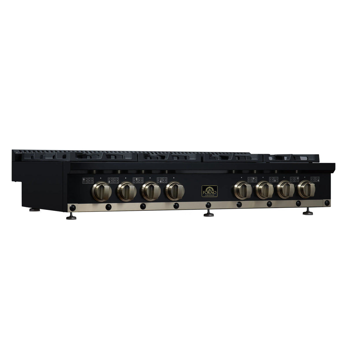 Black gas cooktop long side view with brass knobs and front leveling feet