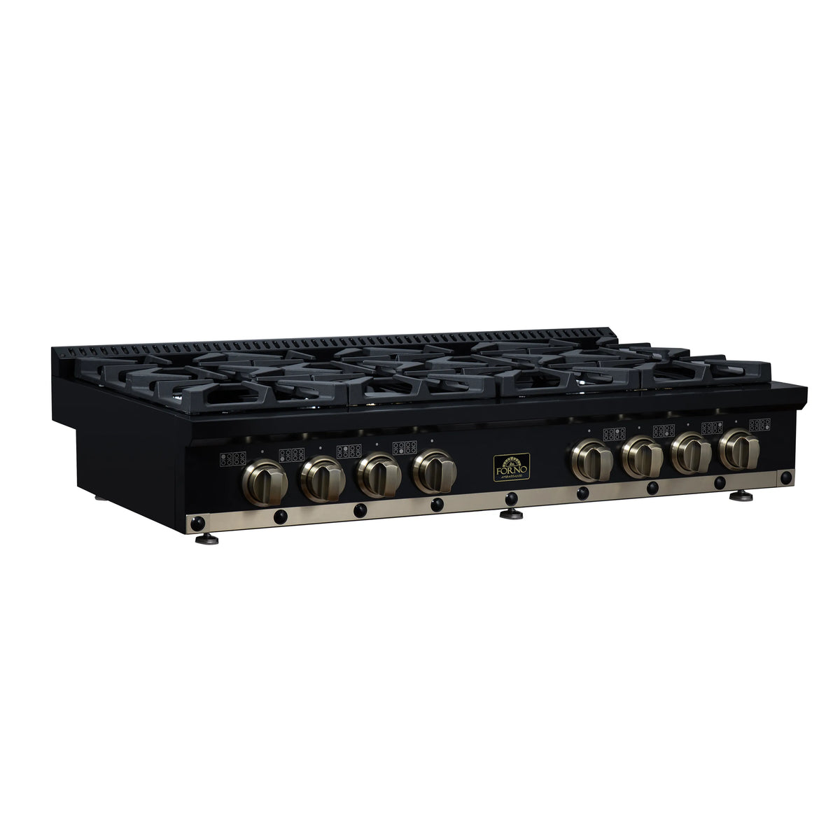 Black gas cooktop wide side view with burner grates and brass knobs