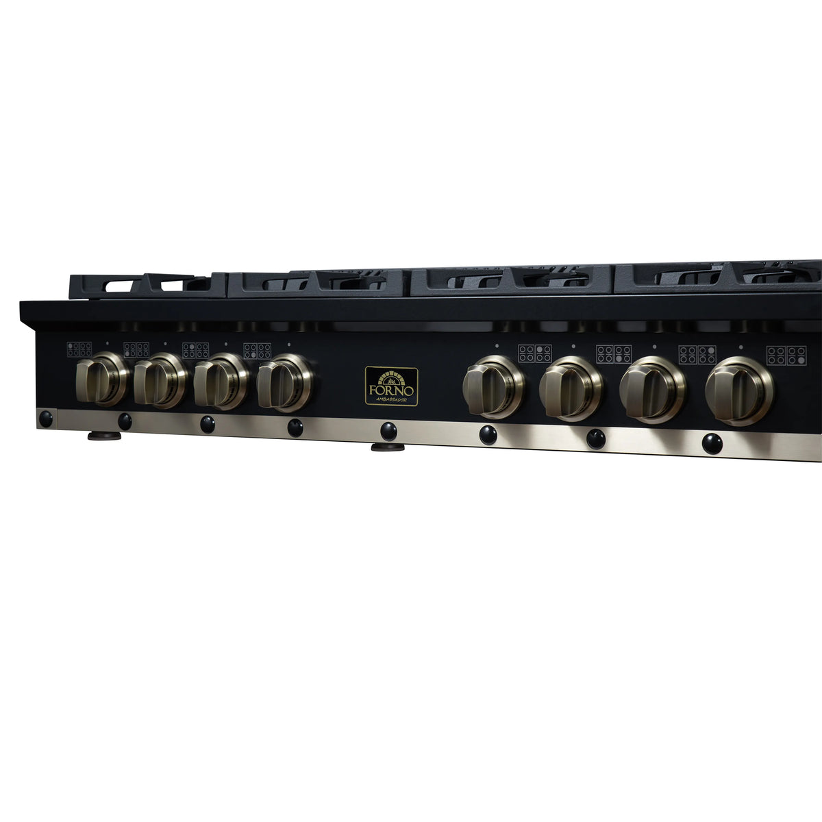 Black gas cooktop control panel side view with brass knobs and black switches