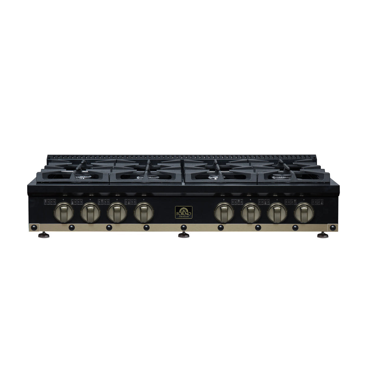 Forno Ambassador 48-Inch Gas Cooktop in Black with 8 Sealed Burners, 94,000 BTU Output, 2 Antique Brass Dual-Ring Burners, Continuous Cast Iron Grates (FCTGS5799-48CPBLK)