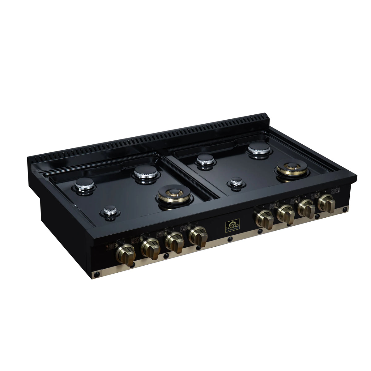Black gas cooktop top view with sealed burners and brass control knobs along the front