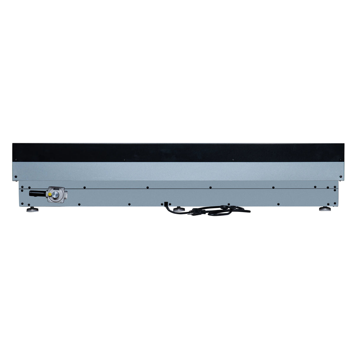 Black gas cooktop underside/back panel with mounting hardware and wiring opening