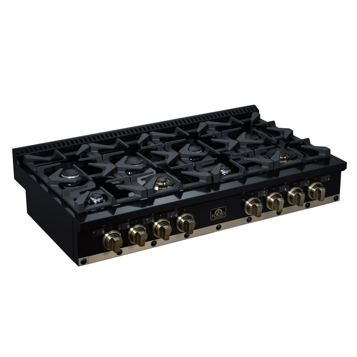 Black gas cooktop with multiple sealed burners, black grates, and brass control knobs