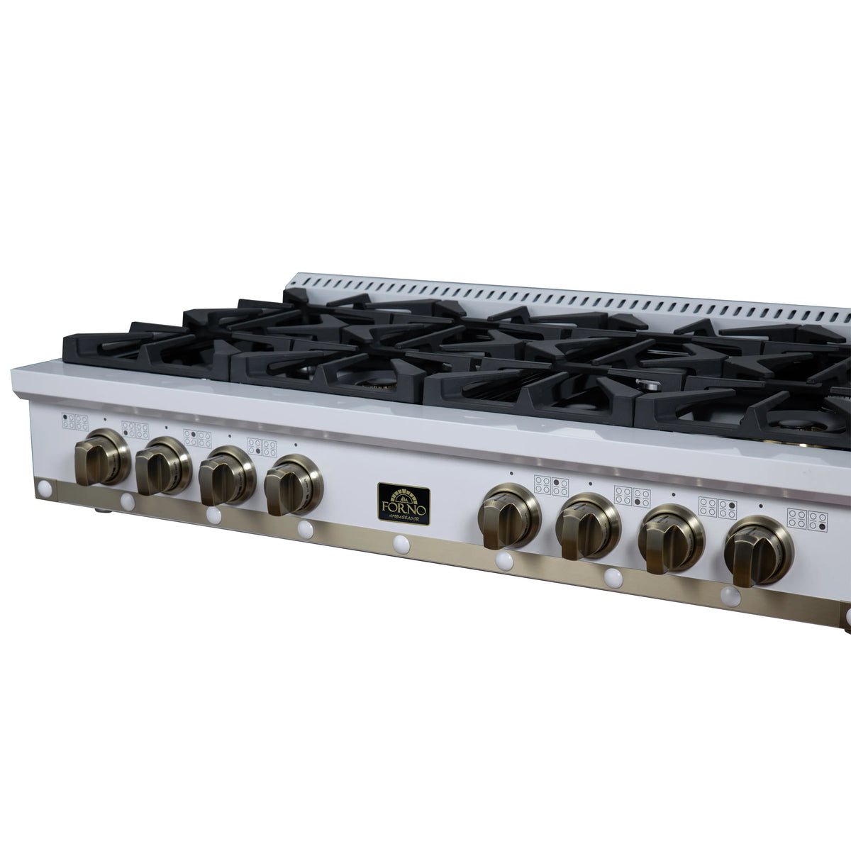White 48-inch gas cooktop angled view with black grates and brass control knobs