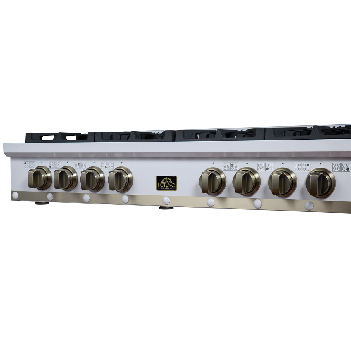 White 48-inch gas cooktop close front view with brass knobs and vented control strip