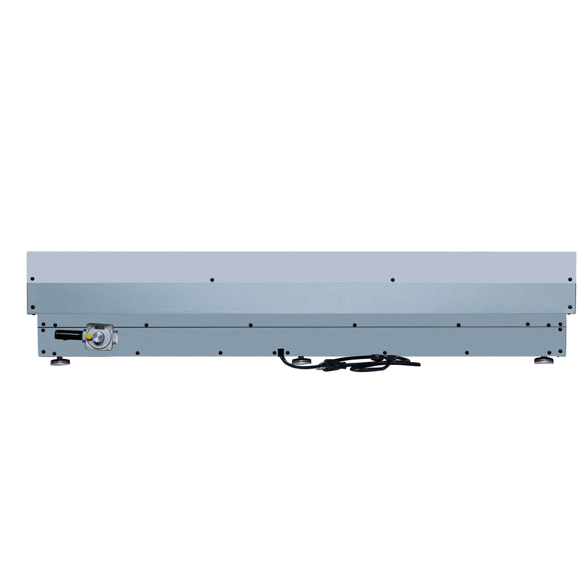 White 48-inch gas cooktop back panel with regulator and attached cord
