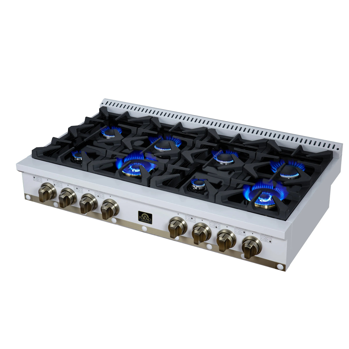 White 48-inch gas cooktop with black grates and blue-lit sealed burners