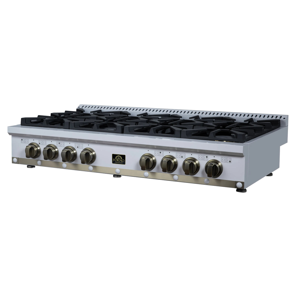 White 48-inch gas cooktop with black grates, eight sealed burners, and brass control knobs