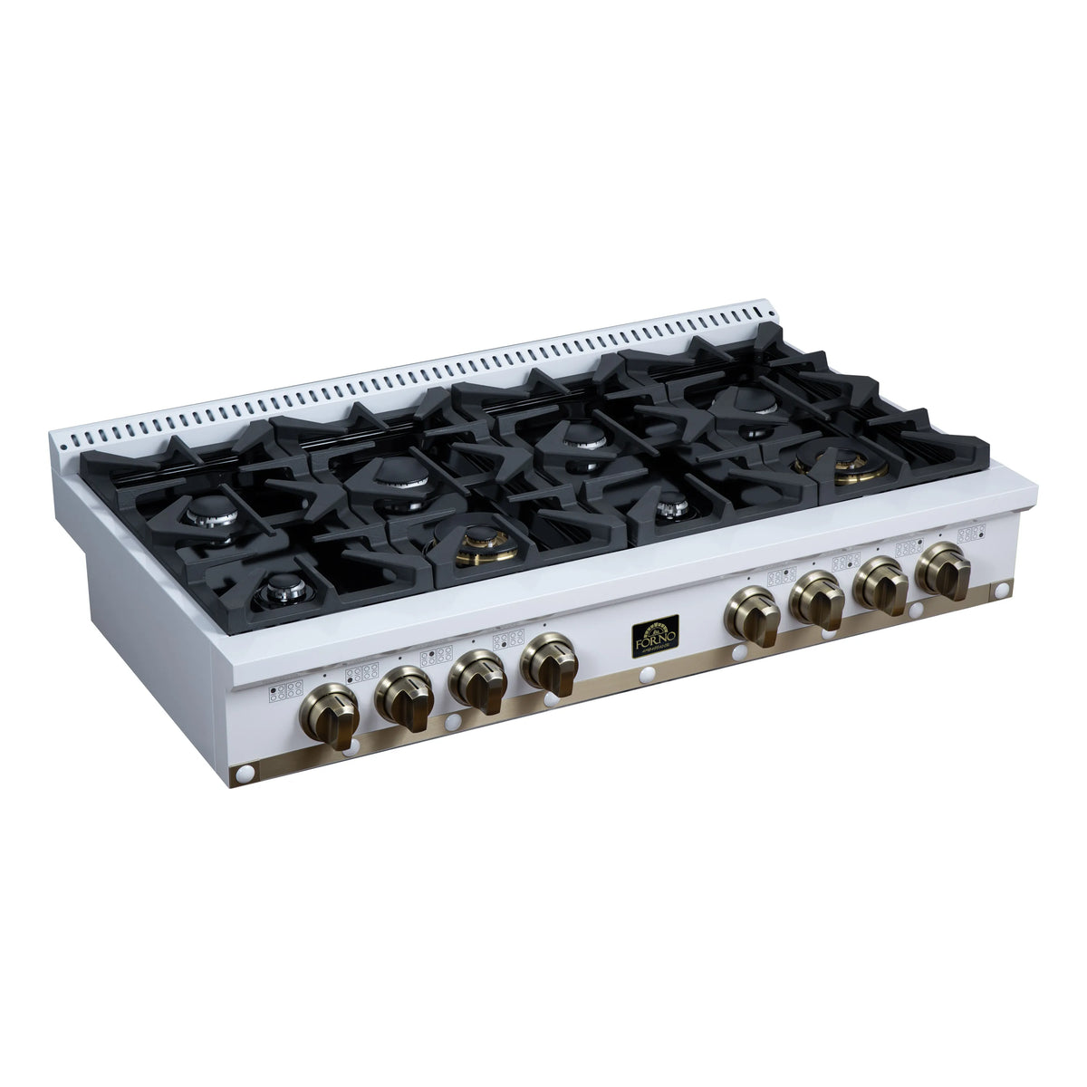 White 48-inch gas cooktop with eight sealed burners and black burner grates, control knobs
