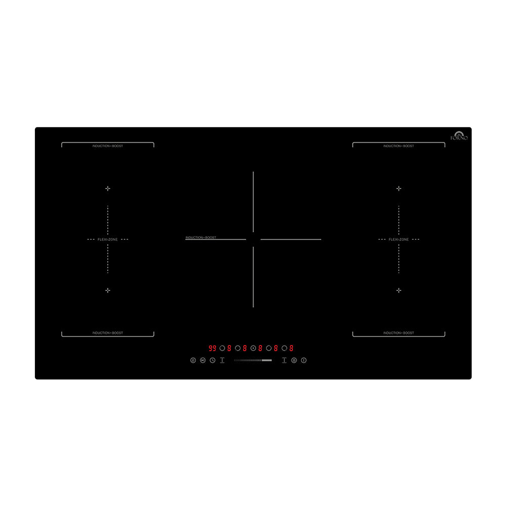Induction cooktop control panel on black glass with five-zone markings and red touch digits