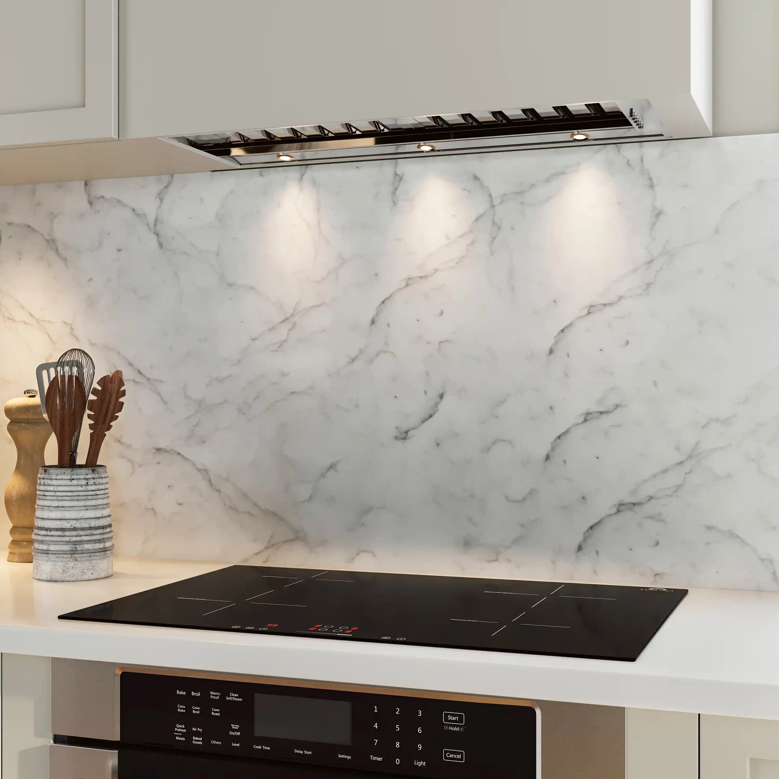 Stainless steel wall oven cooktop surface with vent hood and black touch control panel