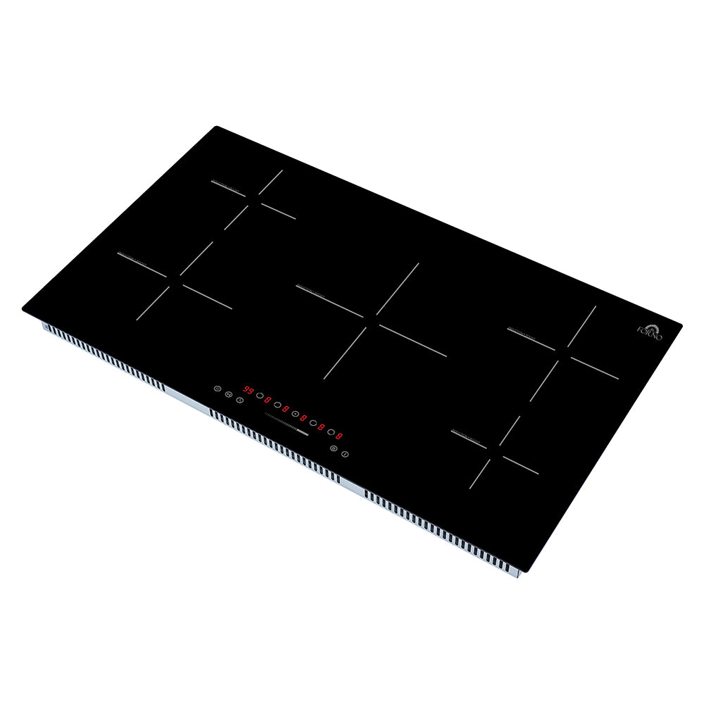 Black induction cooktop with five heating zones, touch controls, LED power indicators