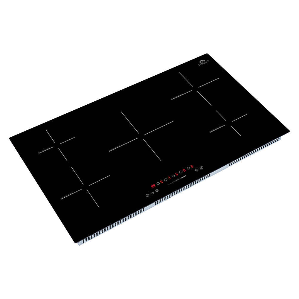Black induction cooktop with five-zone layout, touch panel, red and white LED lights