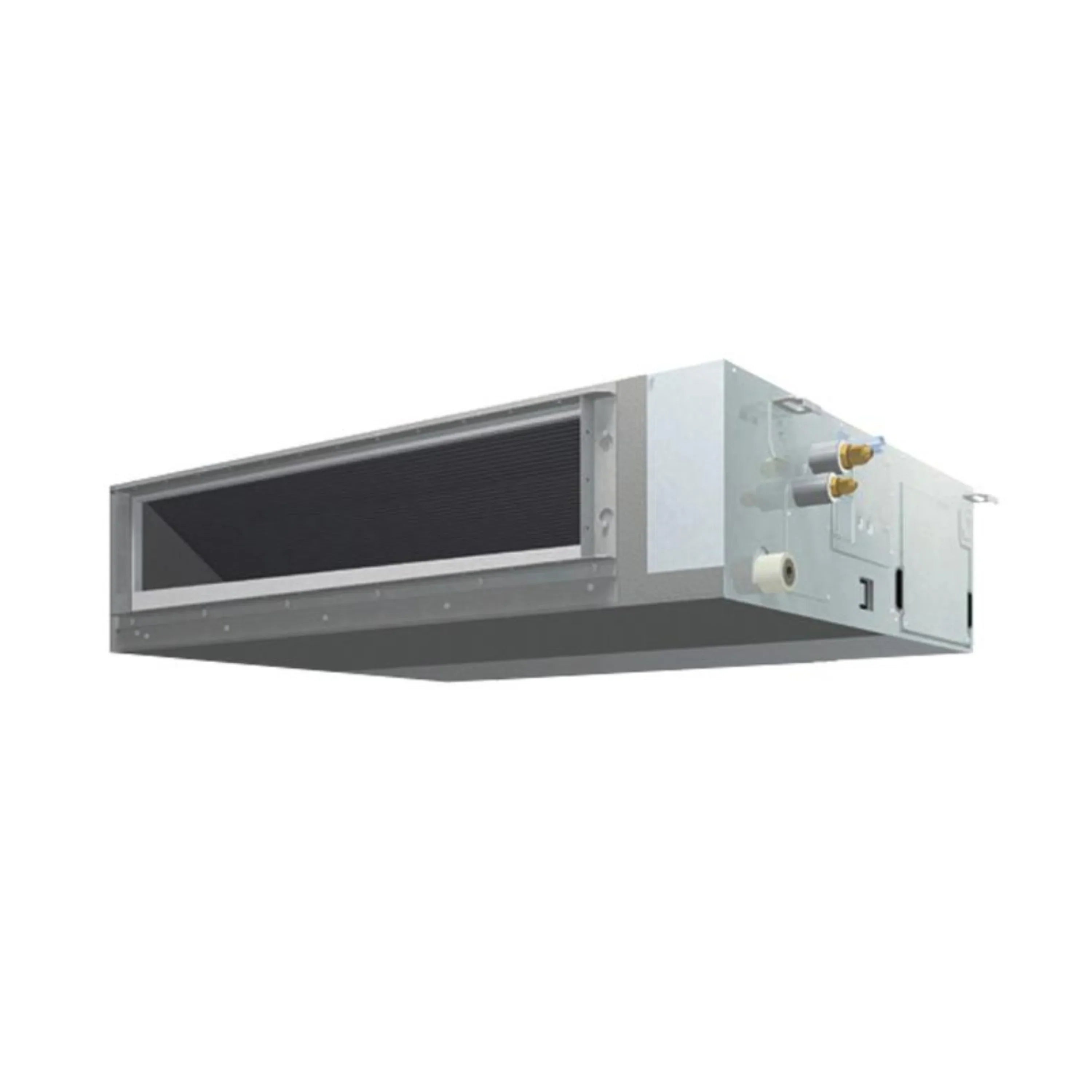 Ceiling ductless mini split air handler with front louver opening and side service ports