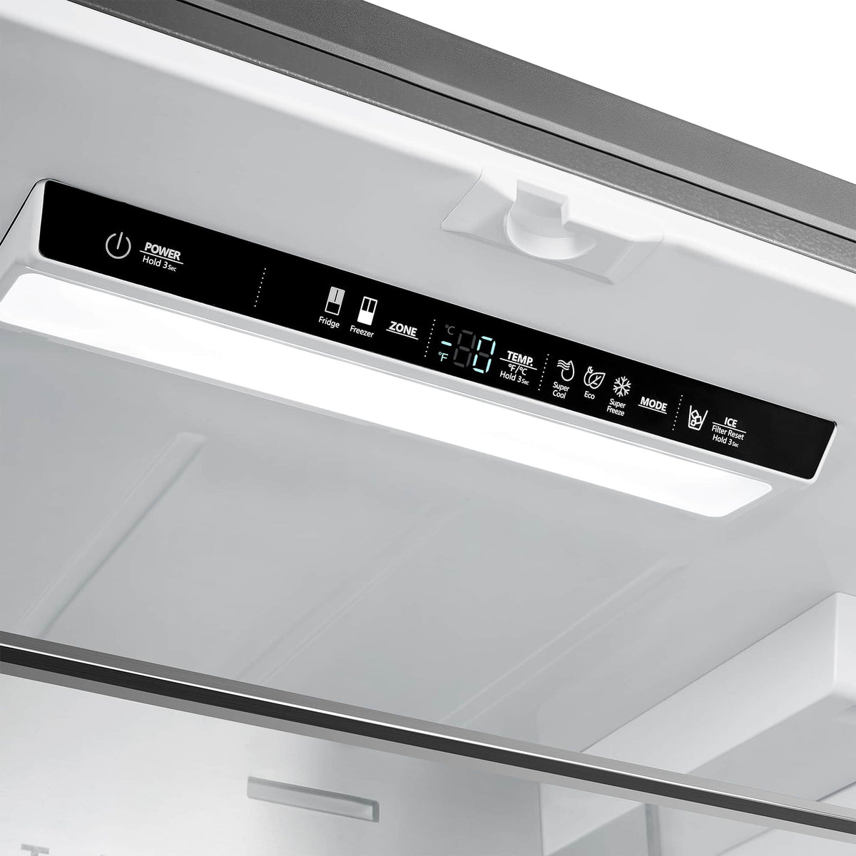 Stainless electric range control panel with black display and button icons