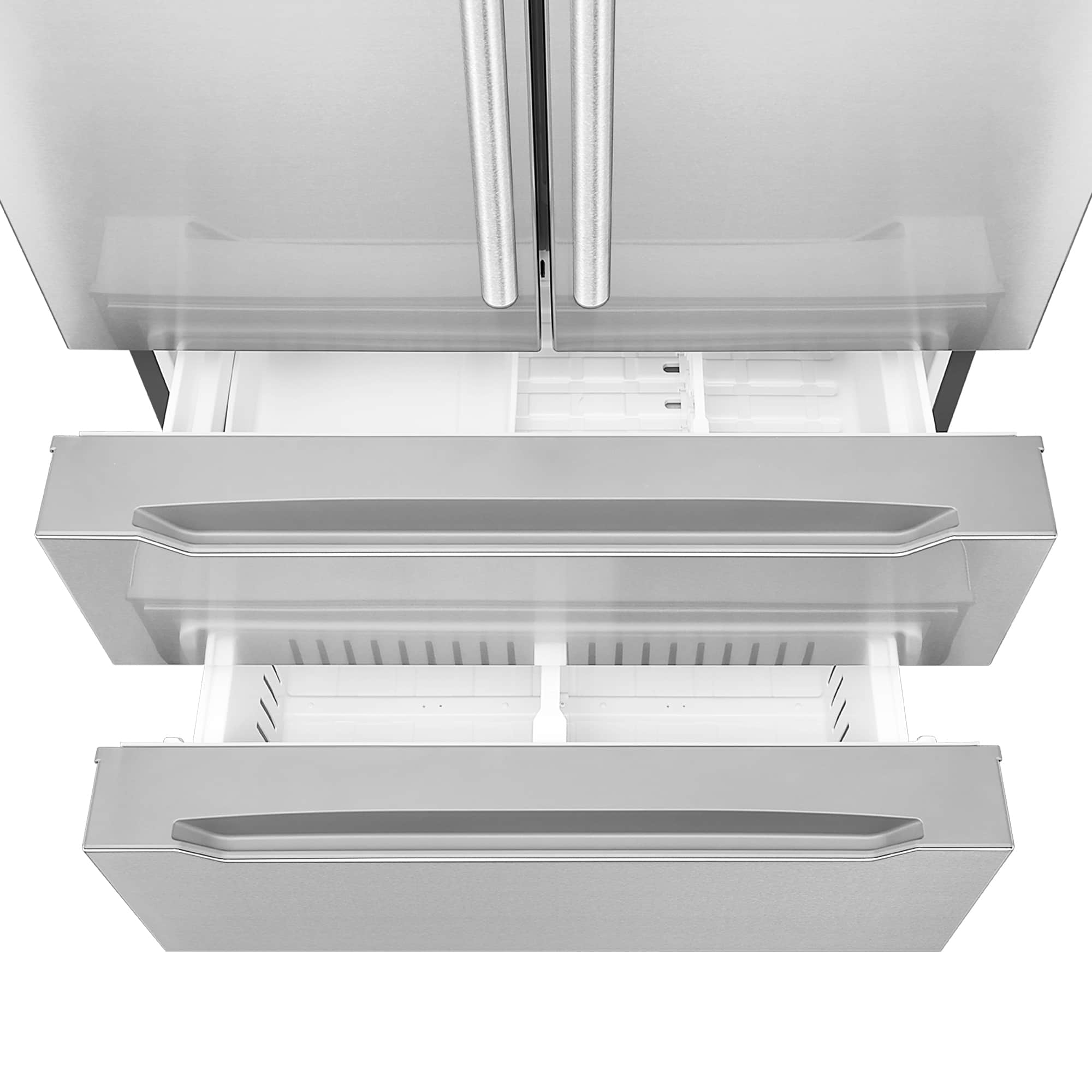 Refrigerator freezer compartment with open door and gray storage drawer