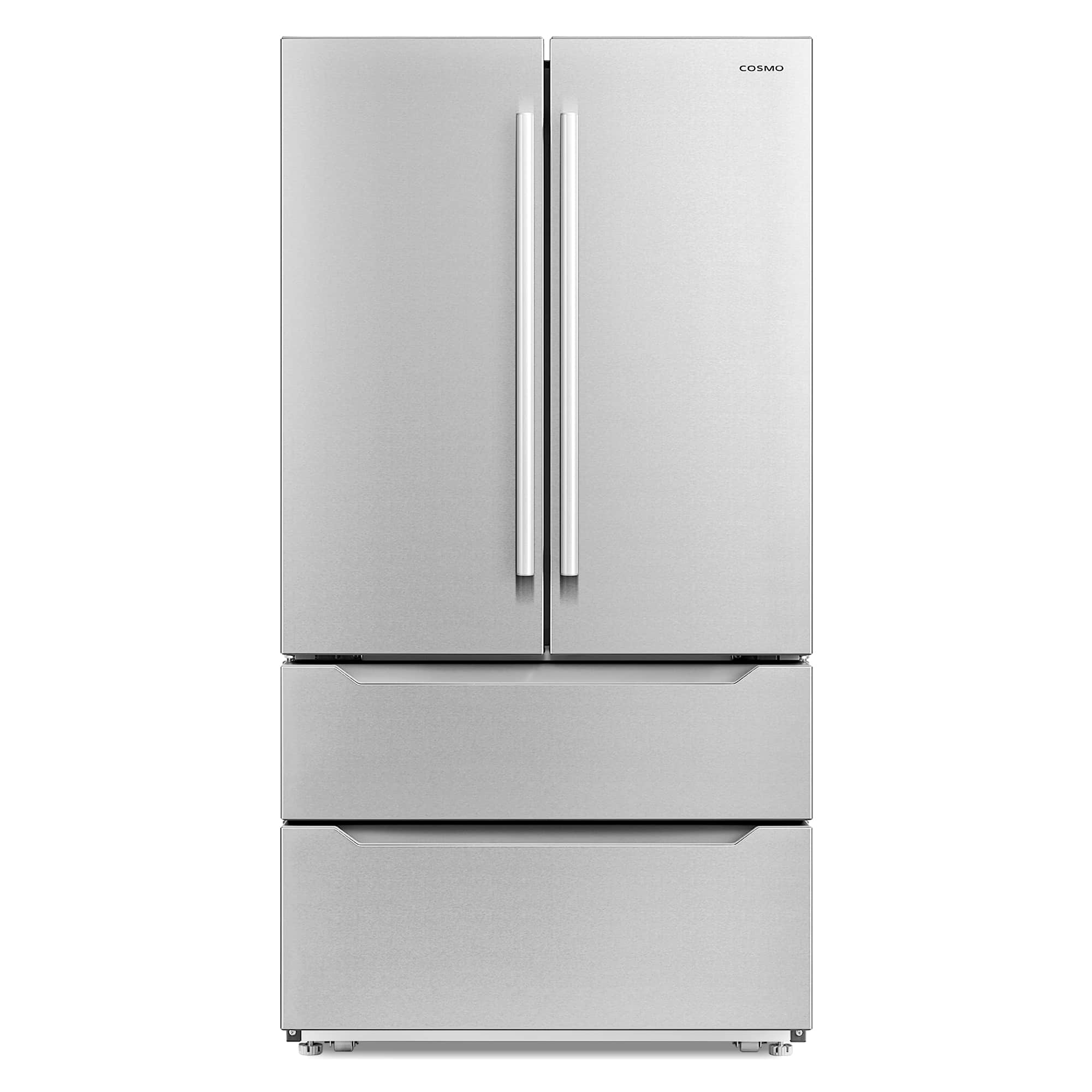 Stainless steel French door refrigerator with twin vertical pull handles and bottom freezer