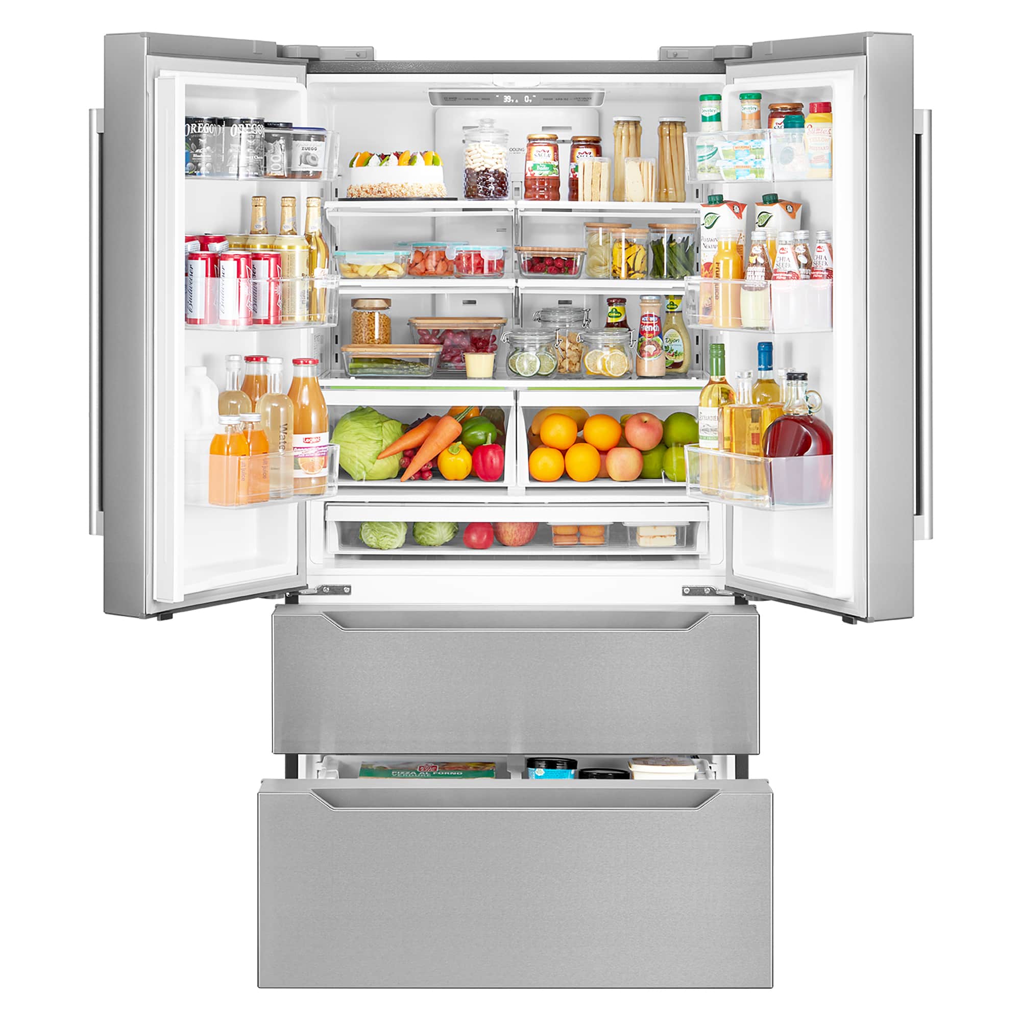 Stainless steel refrigerator with open freezer and pull-out bottom drawer