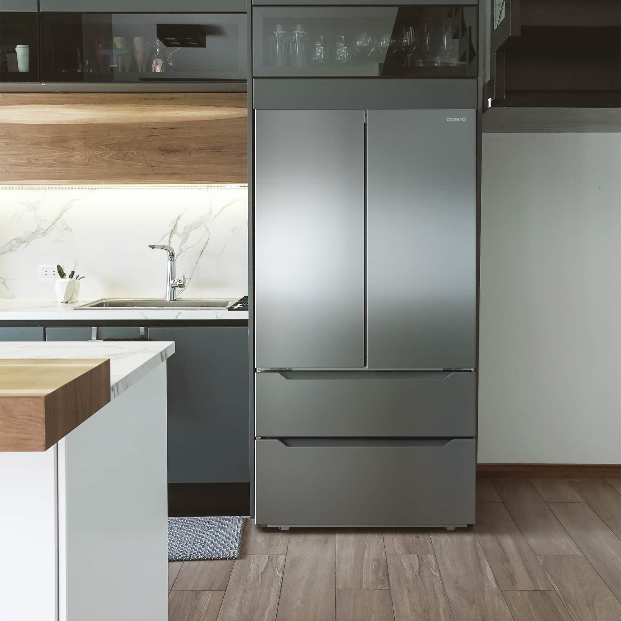 Counter-depth stainless steel French door refrigerator with recessed handle and bottom freezer drawers