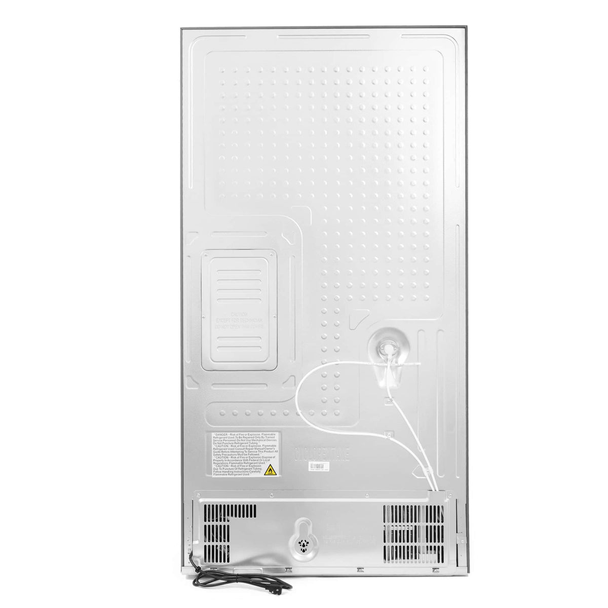 Refrigerator rear panel with power cord and vent grilles, white enclosure
