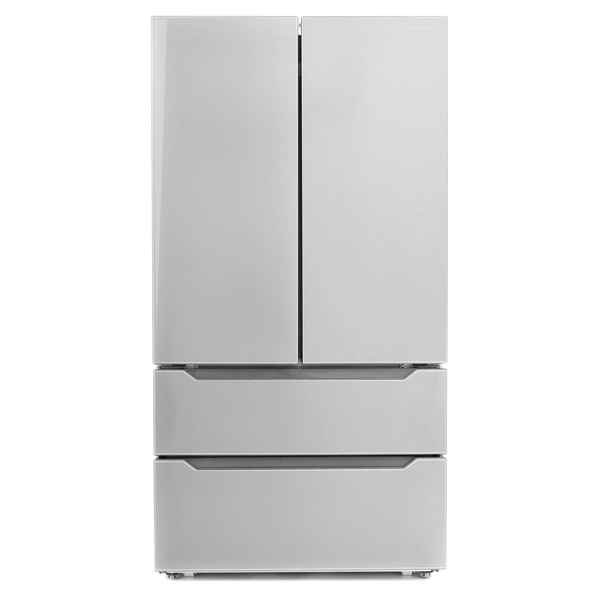 Stainless steel French door refrigerator with bottom freezer drawers, recessed handle