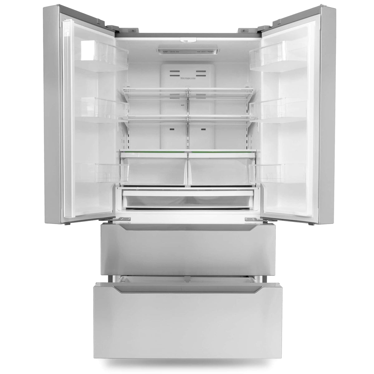 Stainless steel refrigerator open with clear shelves and interior compartments
