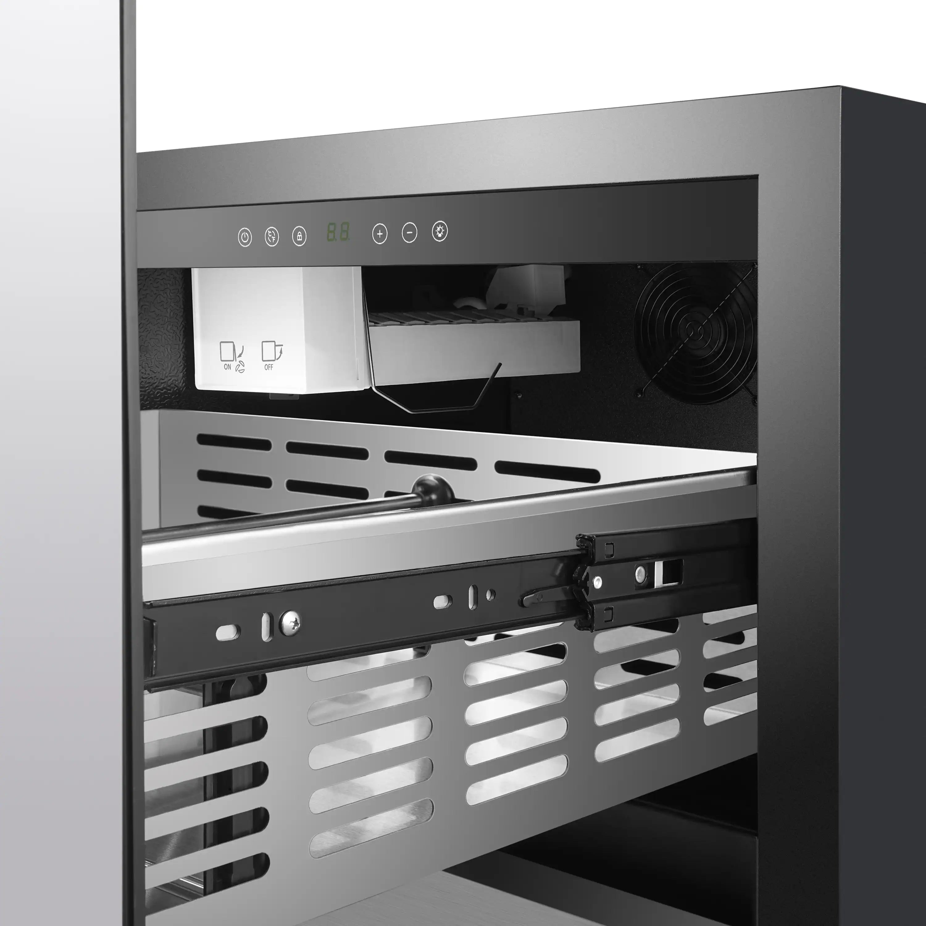 Built-in drawer freezer with ice maker, stainless front and open vented drawer