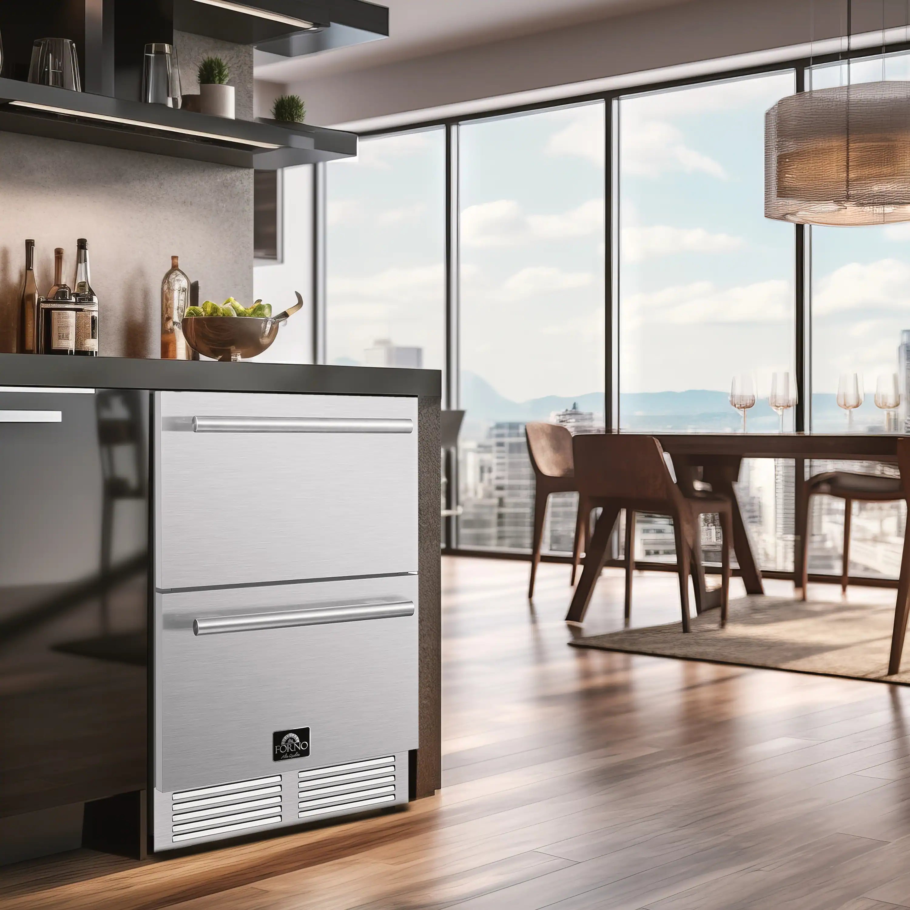 Built-in stainless drawer freezer with vented lower grille and door handle