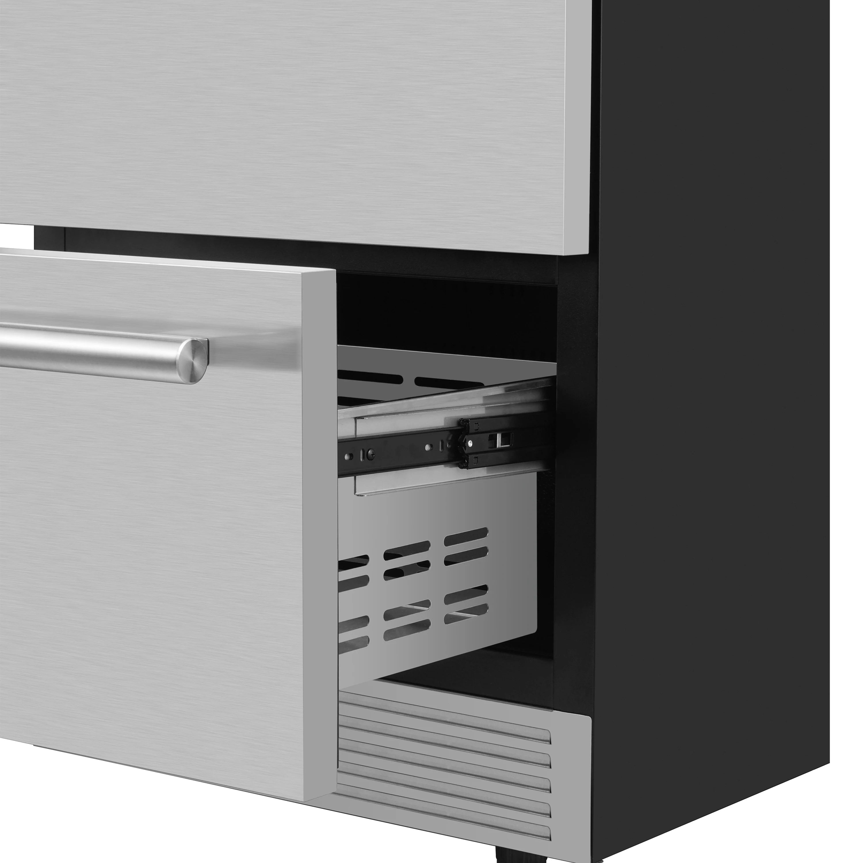 Stainless steel built-in drawer freezer with open interior and ventilated panels