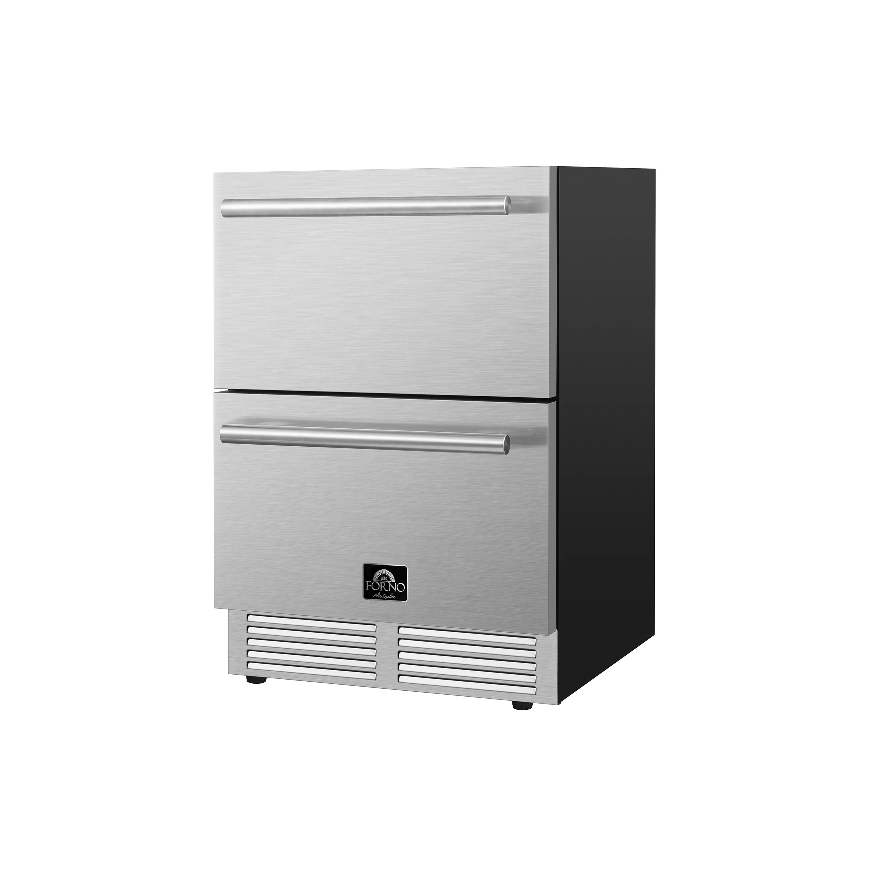 Stainless steel stacked drawer refrigerator/freezer with two pull handles and vented grilles