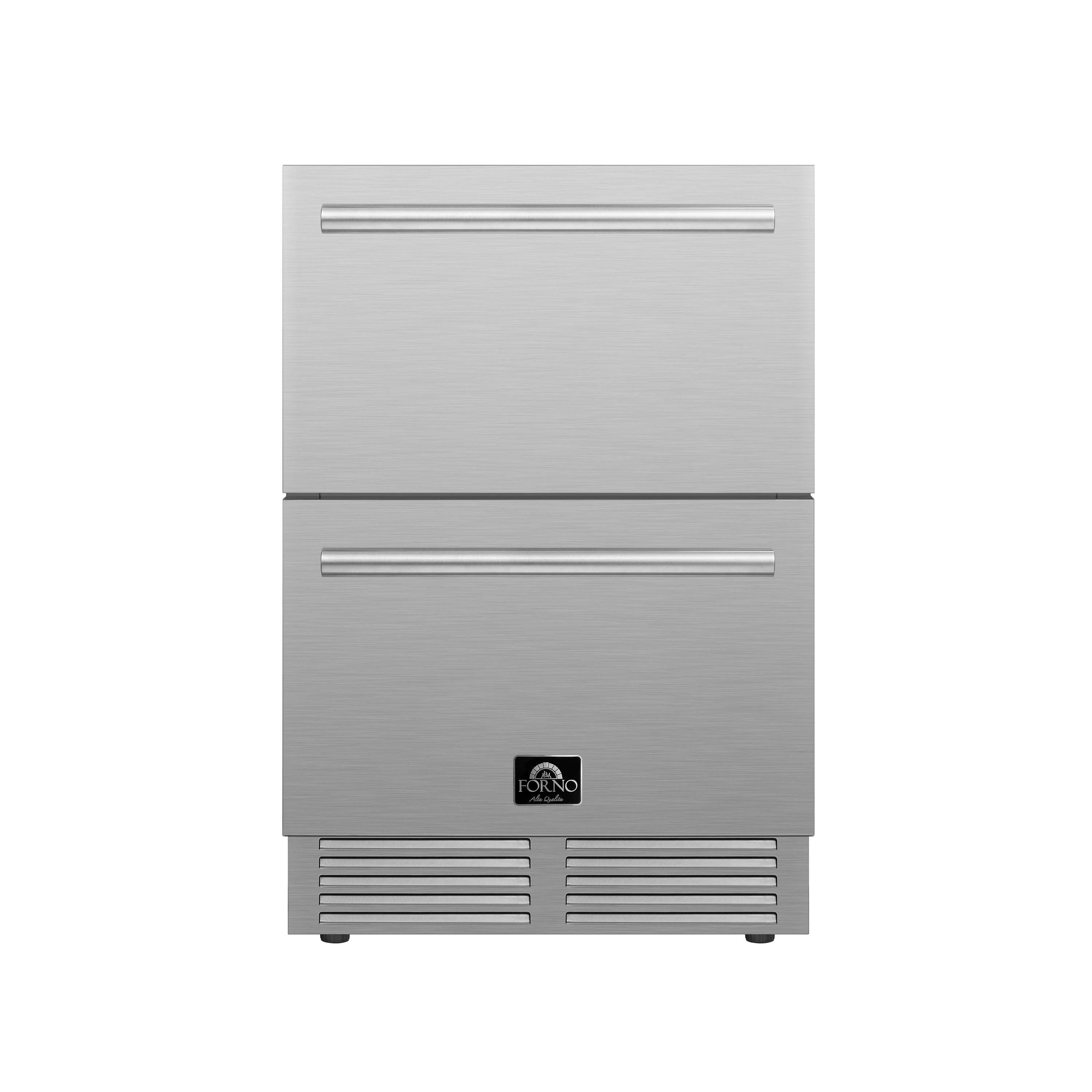 Stainless steel dual-drawer refrigerator/freezer unit with front vent panels
