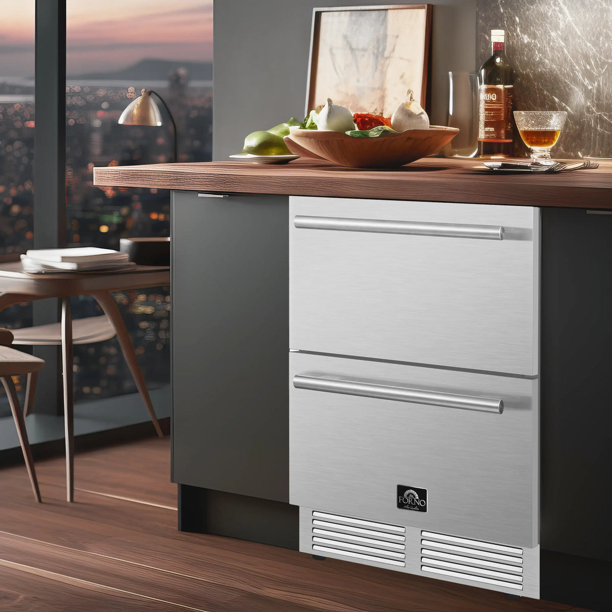 Stainless steel refrigerator drawer with side-by-side door and lower vent panels