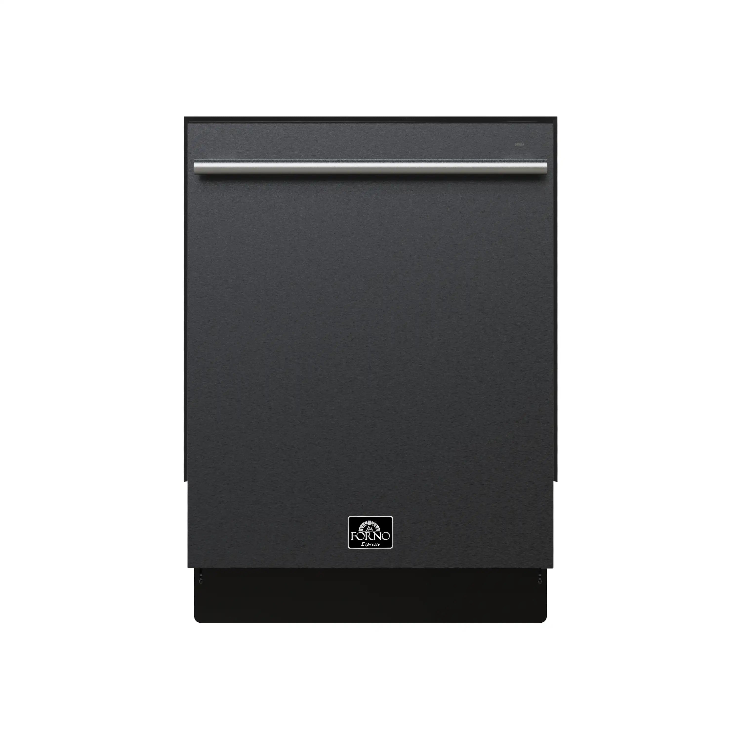 Black 24-inch built-in dishwasher front view with stainless steel top handle.