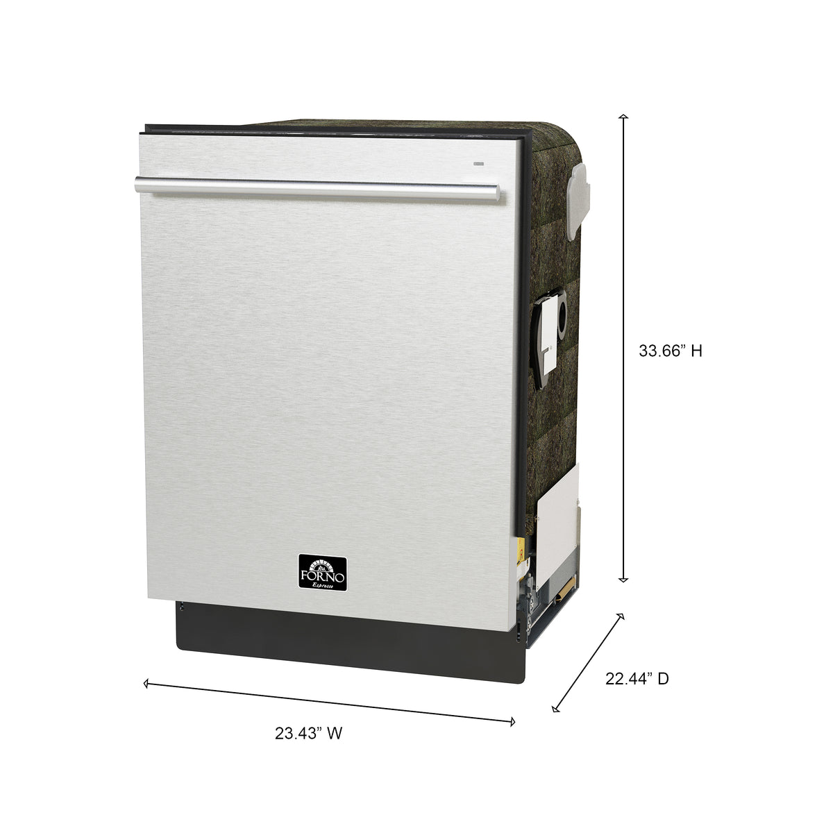 Built-in dishwasher side view with integrated handle, black base, and size markings