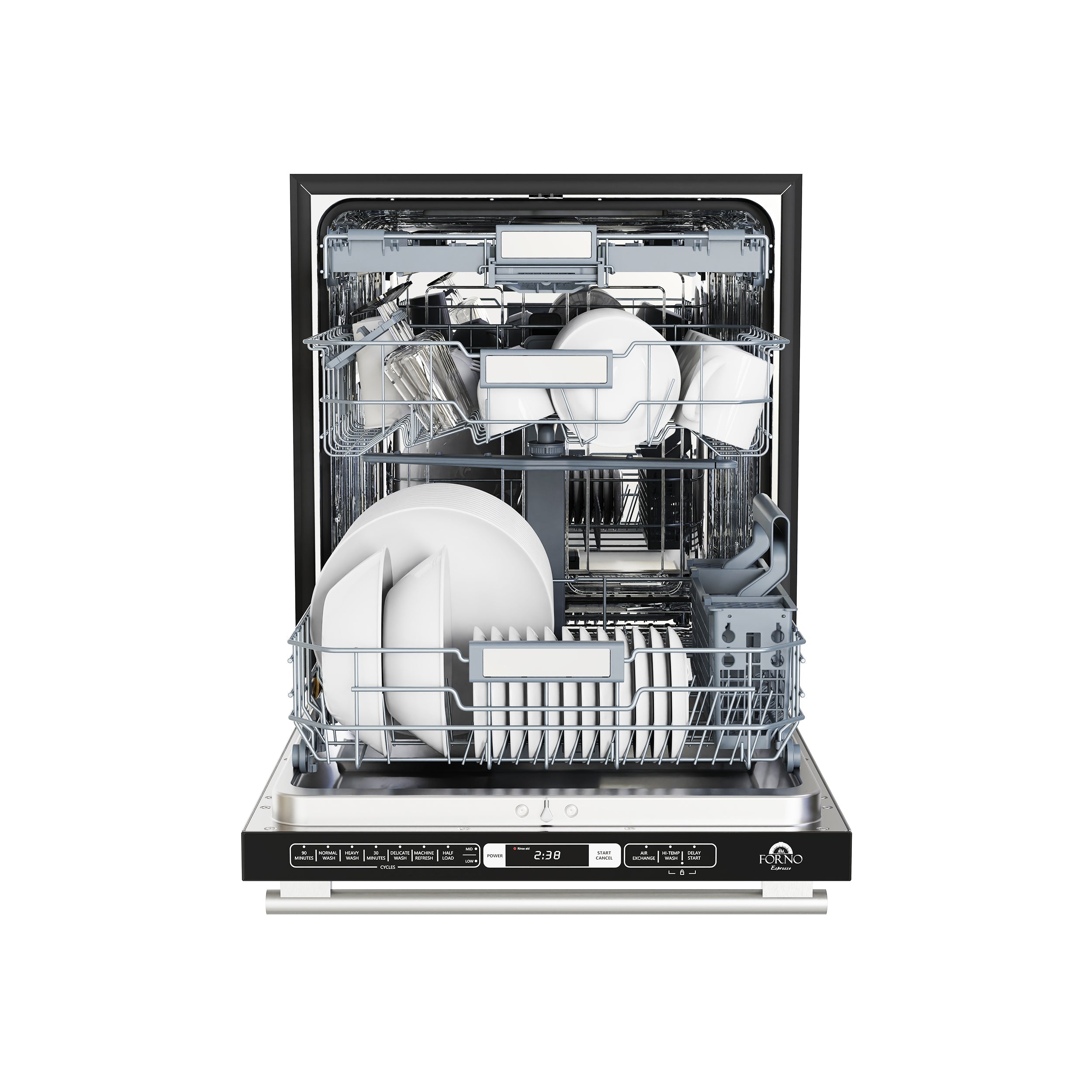 Open stainless steel dishwasher with upper and lower racks and spray arms