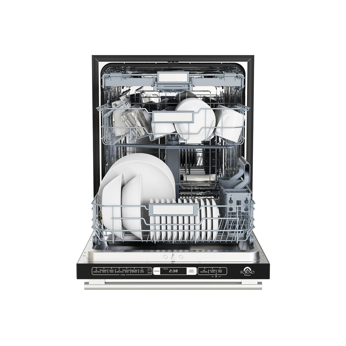 Built-in dishwasher open with visible wire racks and spray arms