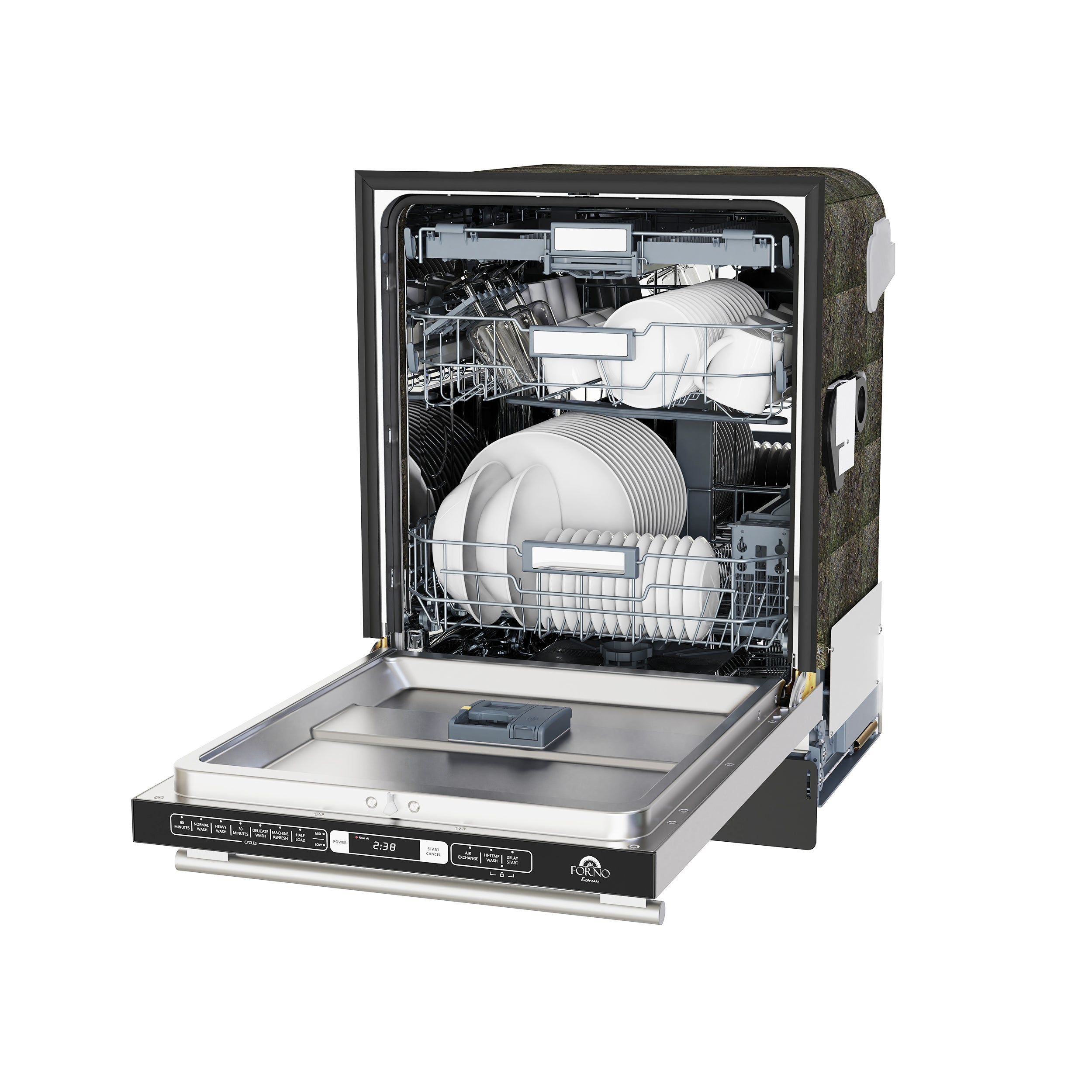 Built-in dishwasher with open door, stainless tub and dish racks inside