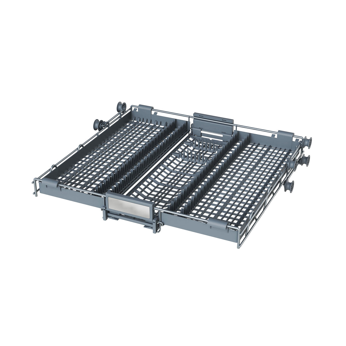 Built-in dishwasher lower rack with wire baskets and rails