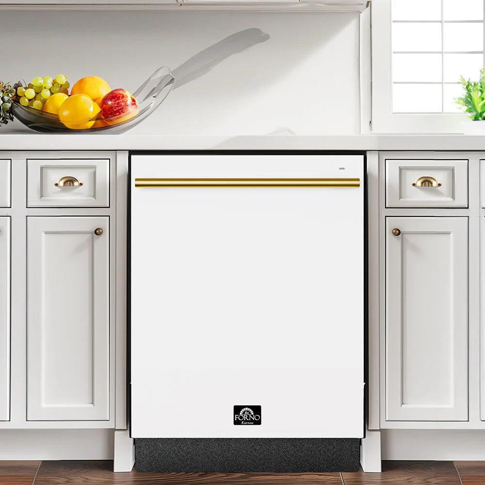 White built-in dishwasher front with antique brass trim stripe and Forno logo, dark base