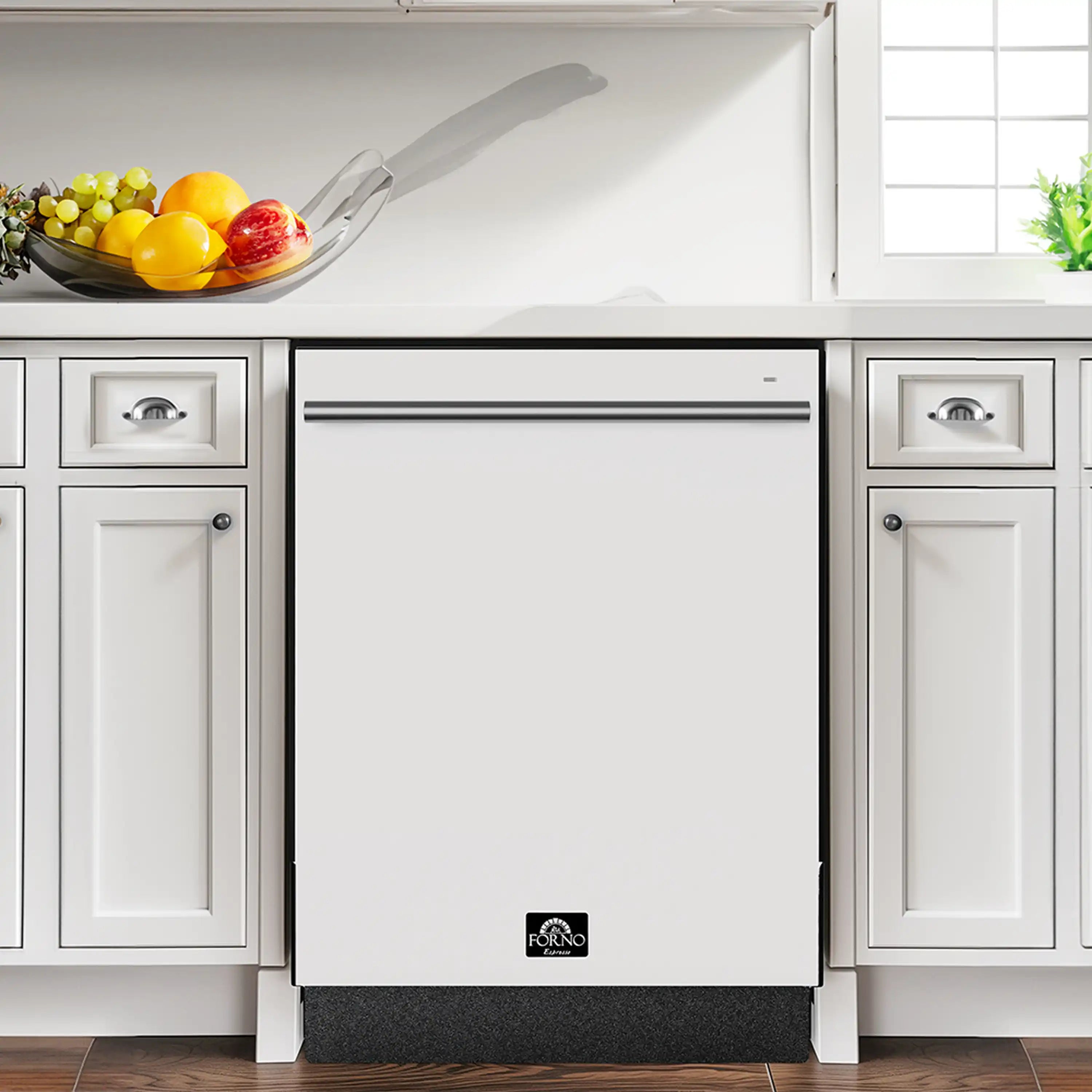 White built-in dishwasher centered in cabinetry with stainless handle