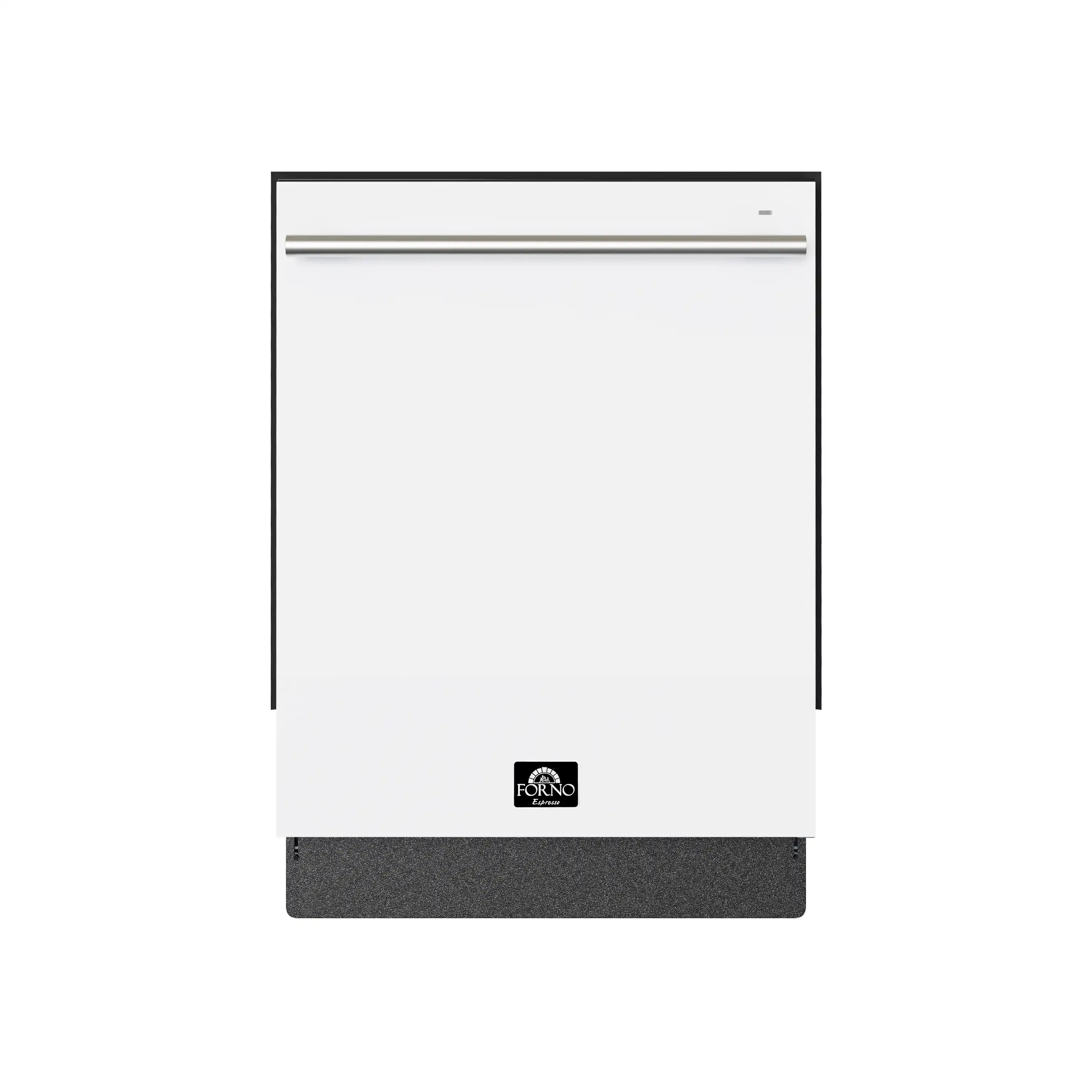 White built-in dishwasher front view with stainless handle and control panel