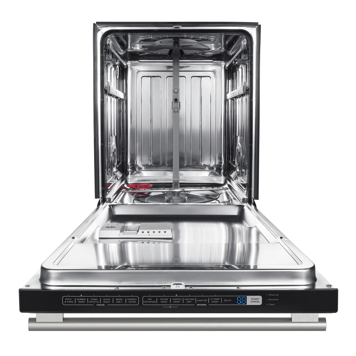 Stainless steel dishwasher tub with upper rack and loading rails