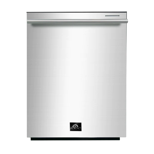 Stainless steel refrigerator front with integrated handle and brand logo