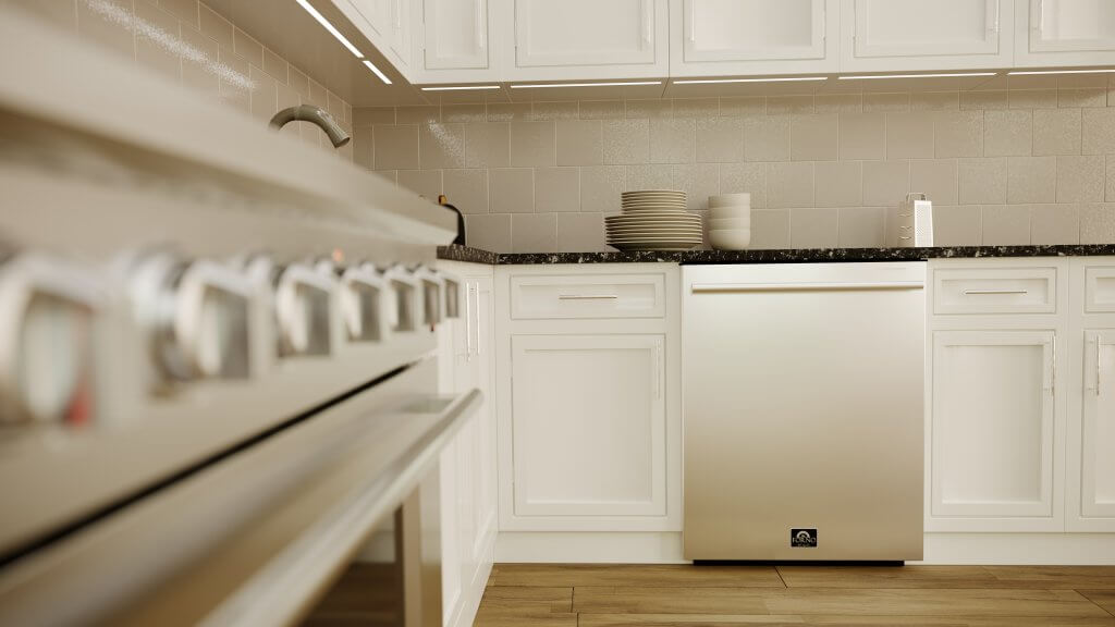 Built-in stainless dishwasher door in a home kitchen