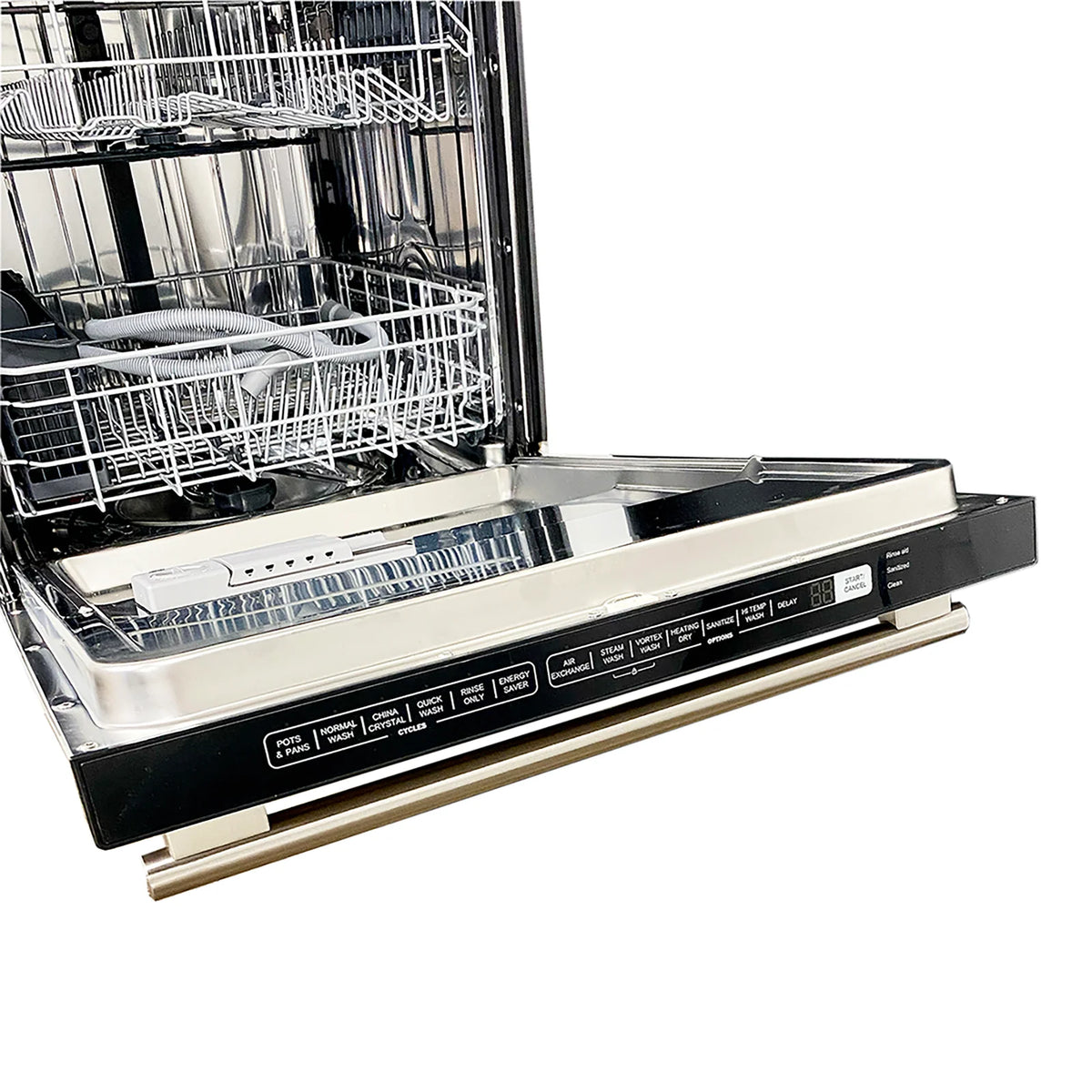 Stainless steel dishwasher with open door and front control panel